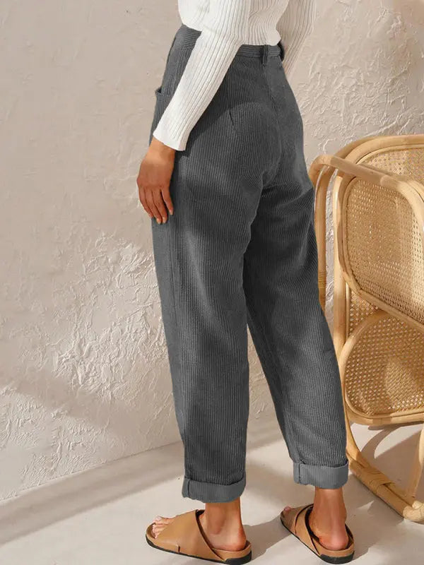 High Waist Lounge Pants Solid Color Corduroy Loose Straight Leg Trousers kakaclo