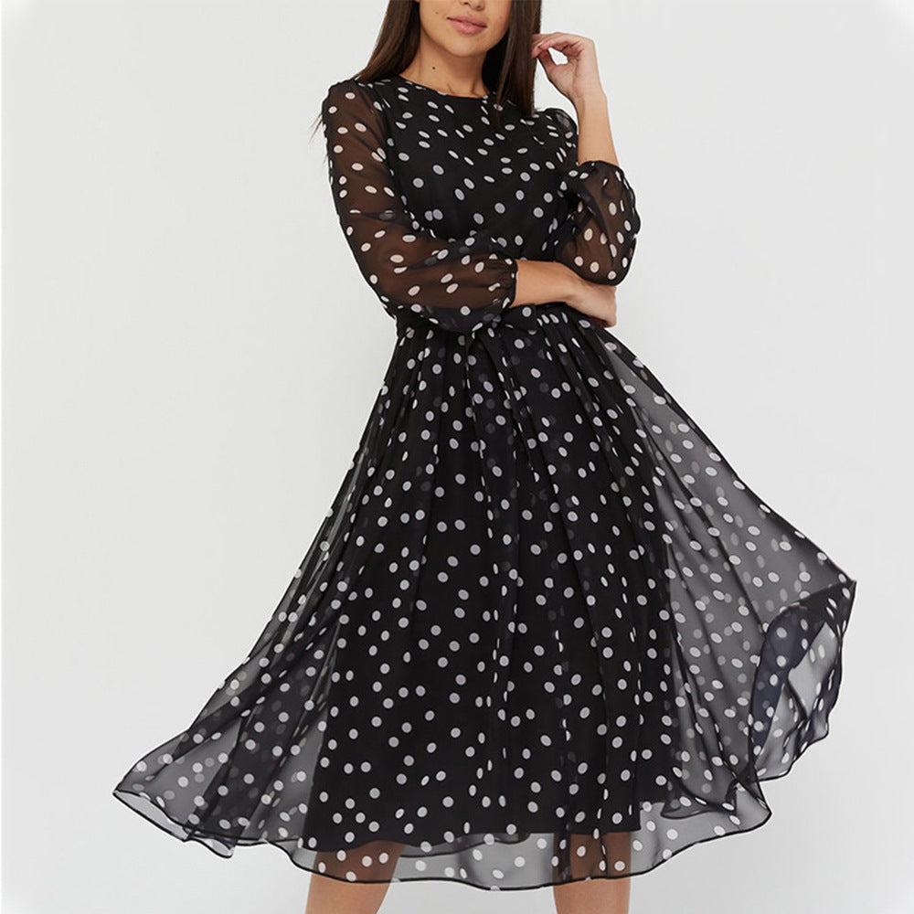 Summer Long-Sleeve Chiffon Polka Dots Dress Lomwn