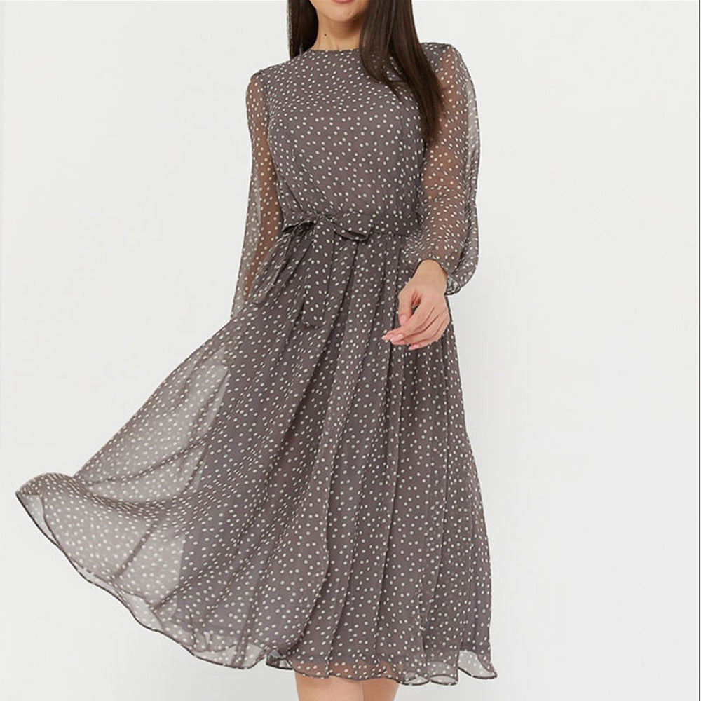 Summer Long-Sleeve Chiffon Polka Dots Dress Lomwn