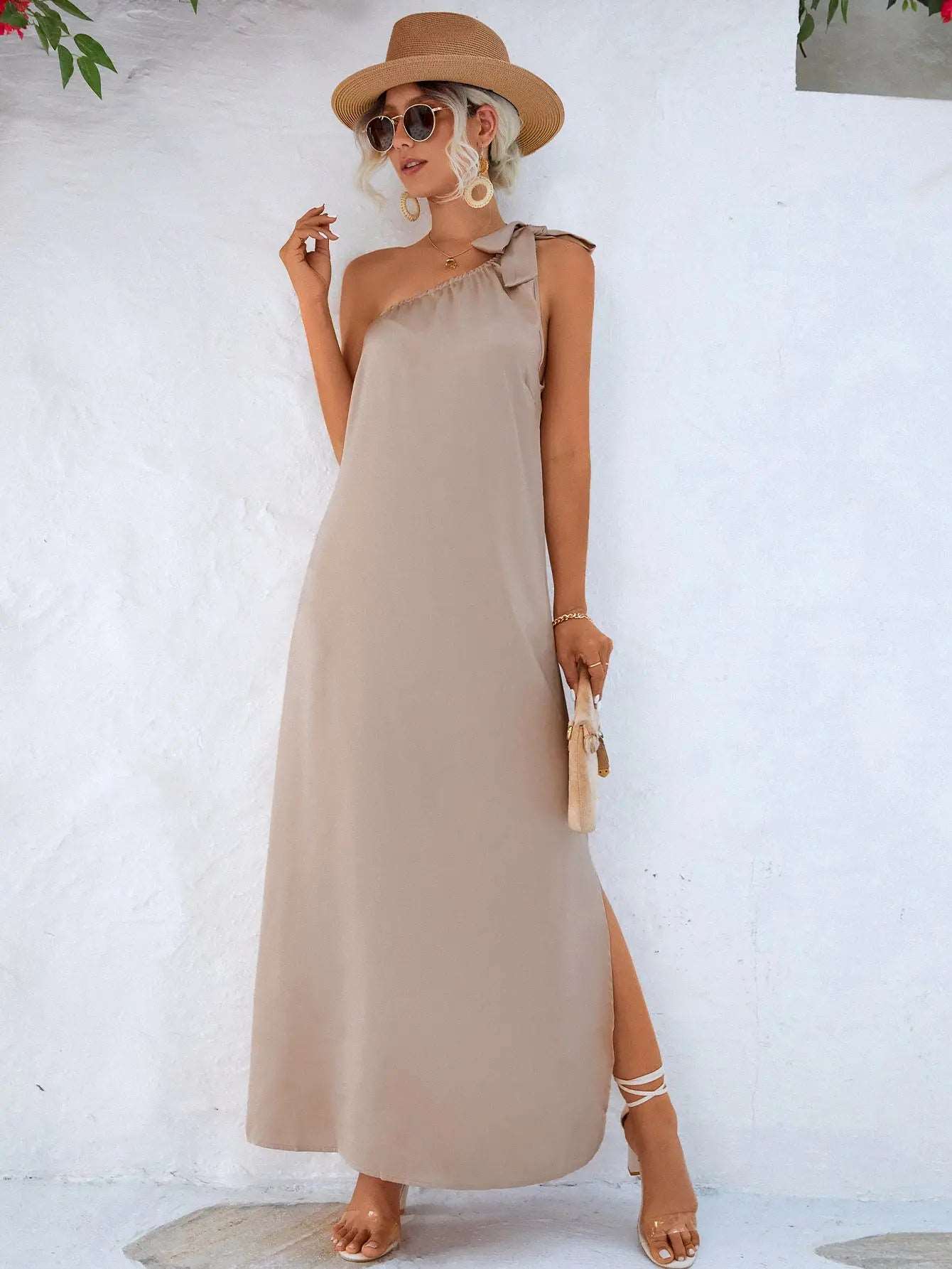 One-Shoulder Slit Maxi Dress Lomwn
