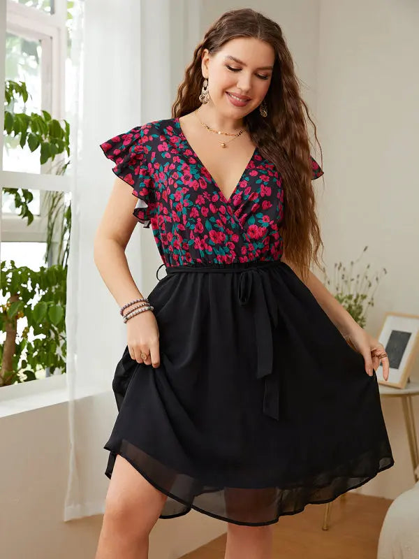 Plus Size Women's Daily Casual Holiday Print V Neck Loose Dress kakaclo