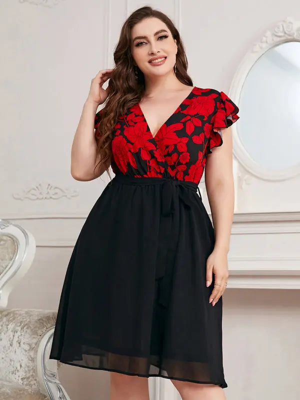 Plus Size Women's Daily Casual Holiday Print V Neck Loose Dress kakaclo