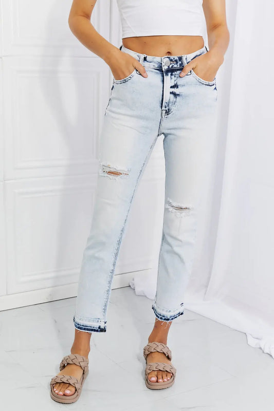 RISEN Full Size Camille Acid Wash Crop Straight Jeans Trendsi
