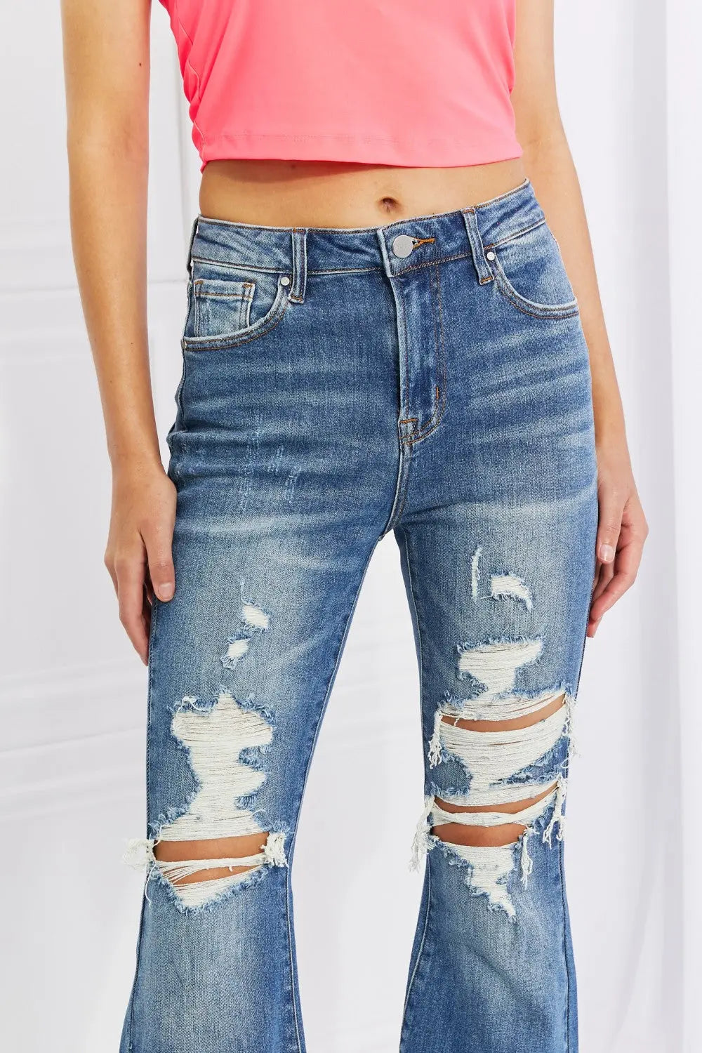 RISEN Full Size Hazel High Rise Distressed Flare Jeans Trendsi