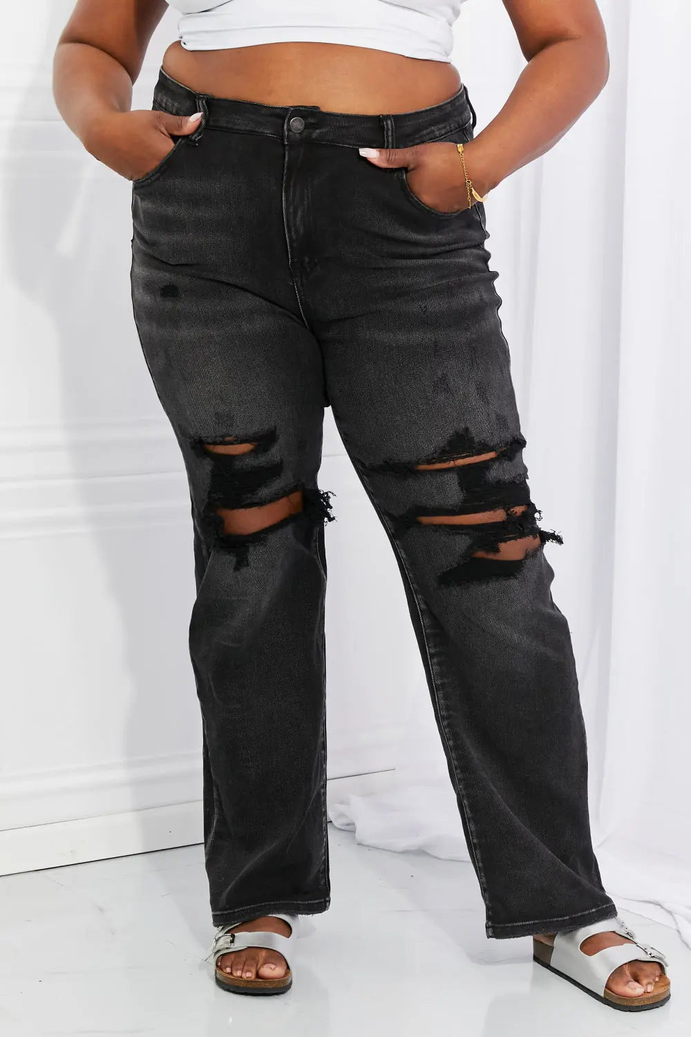 RISEN Full Size Lois Distressed Loose Fit Jeans Trendsi