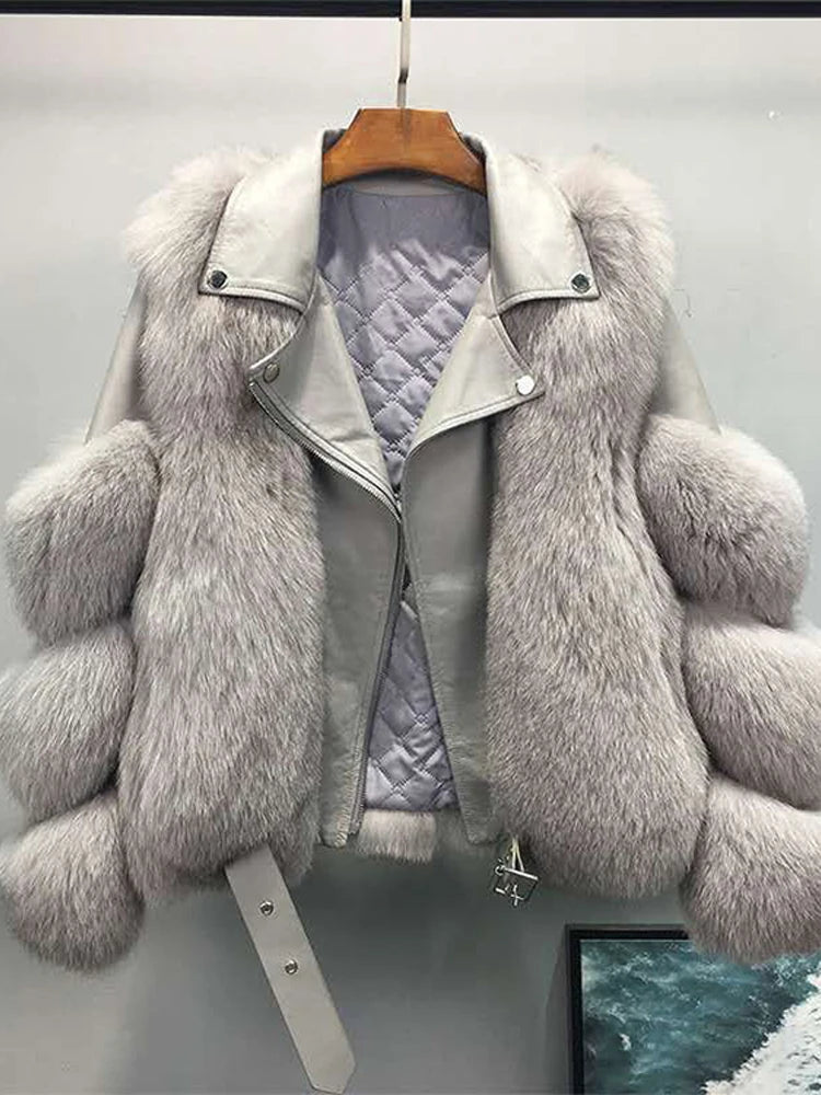 Faux Fur Jacket Women Street Patchwork Long Sleeve Pu Leather 2023 Winter Luxury Loose Lady Outwear