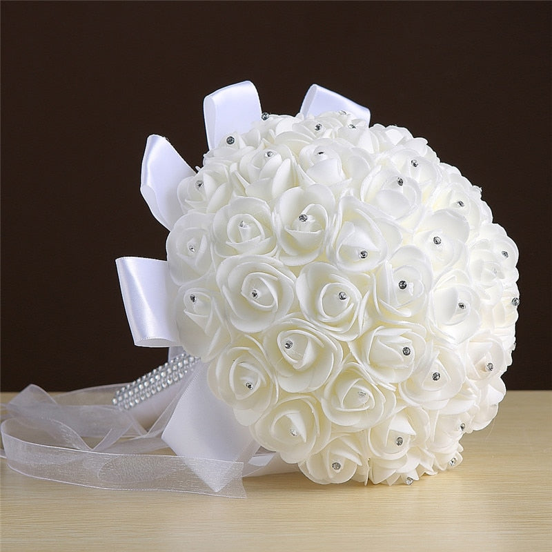 AYiCuthia boeket zijde bloemen Bridesmaid Wedding Foamflowers White Rose Bridal bouquet White Satin Romantic Wedding bouquet S21 Lomwn