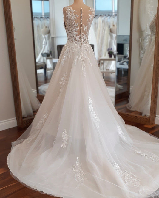 Lakshmigown V Neck Champagne Wedding Dress for Women 2023 A Line Lace Flowers Floor-Length Boho Wedding Gowns vestidos de noche Lomwn