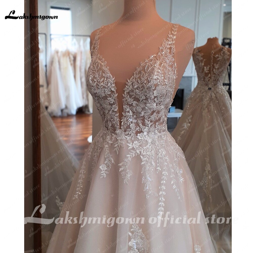 Lakshmigown V Neck Champagne Wedding Dress for Women 2023 A Line Lace Flowers Floor-Length Boho Wedding Gowns vestidos de noche Lomwn