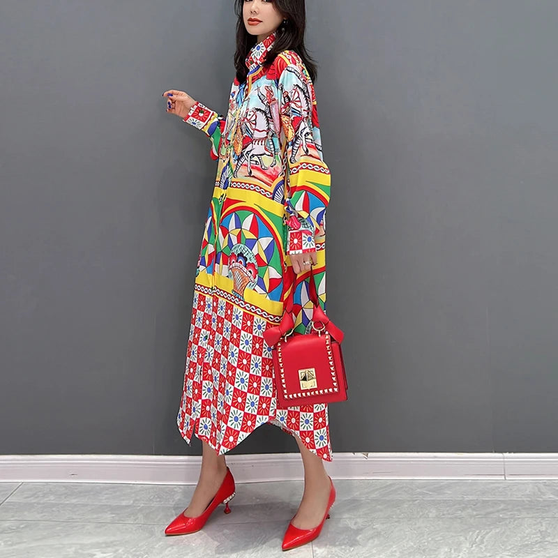 New Multicolor Printed Fashion Long Sleeve Woman Casual Red Shirt Dress Loose Fit Big Size Boho Chic Charming Robe Style Lomwn