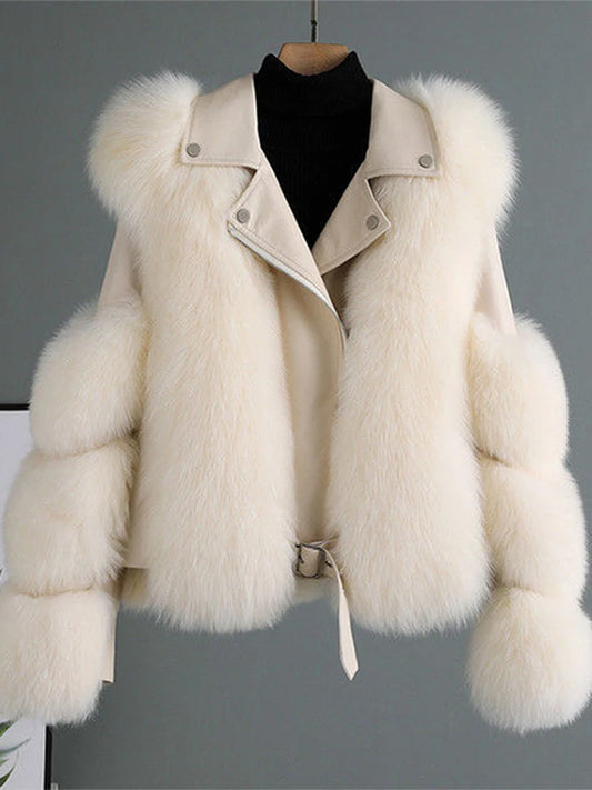 Faux Fur Jacket Women Street Patchwork Long Sleeve Pu Leather
