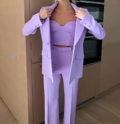 Women's Elegant Pants Sets Autumn Temperament Commuting Fashion Suit Jacket & Corset Pants with Camisole Top Three Piece Set Lomwn