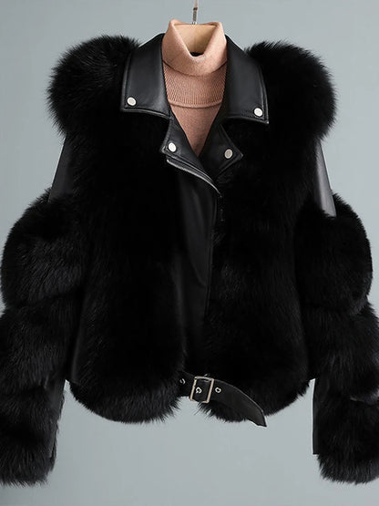 Faux Fur Jacket Women Street Patchwork Long Sleeve Pu Leather 2023 Winter Luxury Loose Lady Outwear