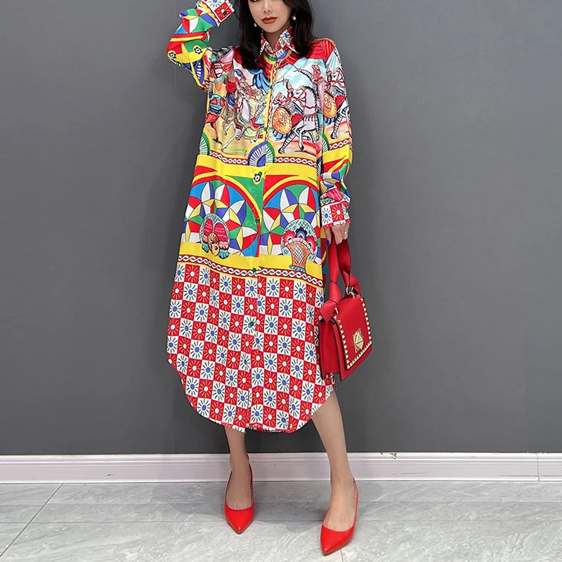 New Multicolor Printed Fashion Long Sleeve Woman Casual Red Shirt Dress Loose Fit Big Size Boho Chic Charming Robe Style Lomwn