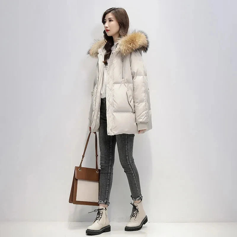 2022 New Warm Thicken Loose Down Jacket Women Winter Short Jacket Hooded Fur Collar Cotton Coat Korean Female Parkas Basic Coat Lomwn