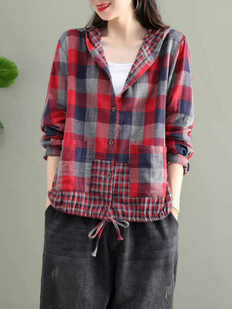 Plaid Hooded Shirts Ladies Linen Loose Blouses Female Casual Oversized Tops Lomwn