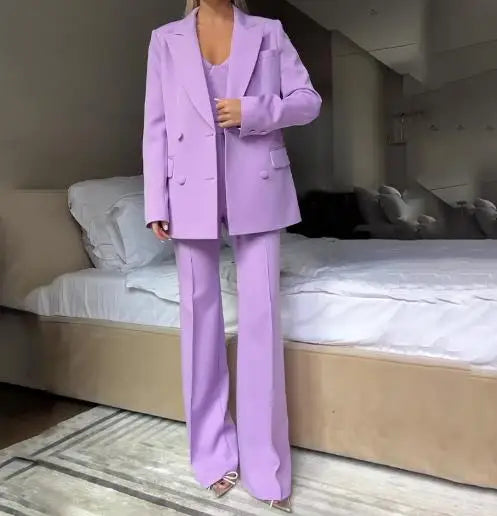 Women's Elegant Pants Sets Autumn Temperament Commuting Fashion Suit Jacket & Corset Pants with Camisole Top Three Piece Set Lomwn