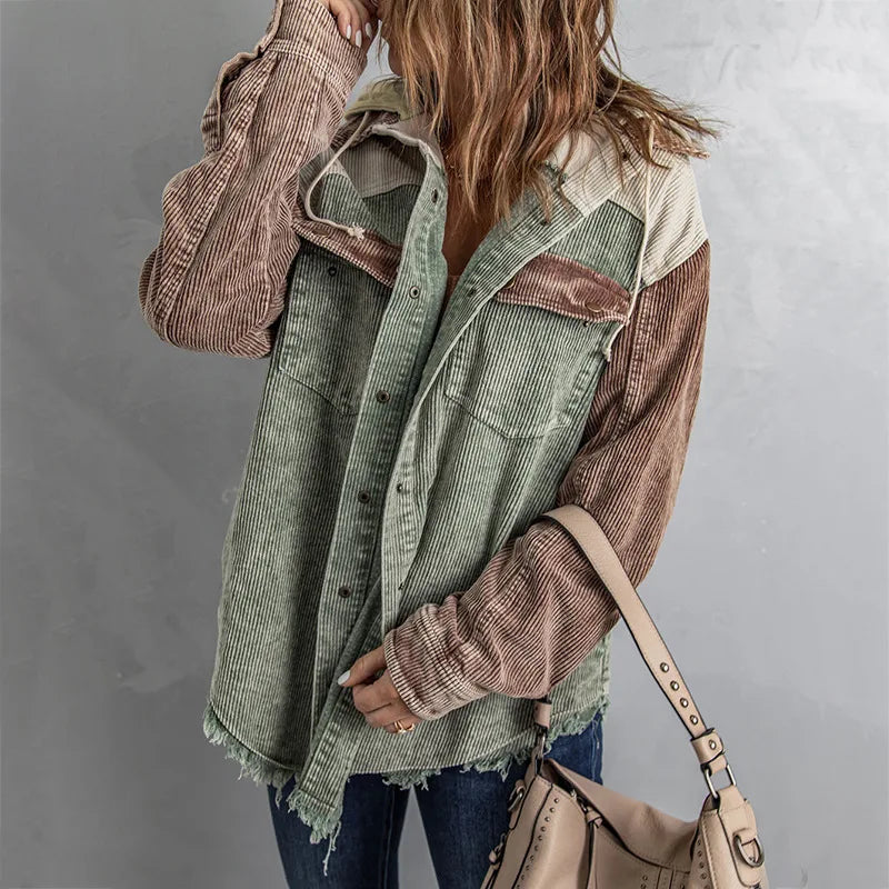 Jackets for Women 2023 Autumn and Winter New Contrast Stitching Hooded Jacket Ladies Single-breasted Loose Corduroy Jacket Lomwn