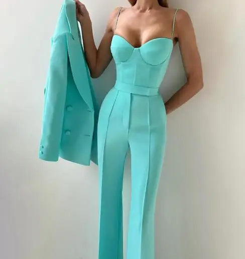 Women's Elegant Pants Sets Autumn Temperament Commuting Fashion Suit Jacket & Corset Pants with Camisole Top Three Piece Set Lomwn