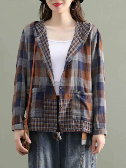 Plaid Hooded Shirts Ladies Linen Loose Blouses Female Casual Oversized Tops Lomwn