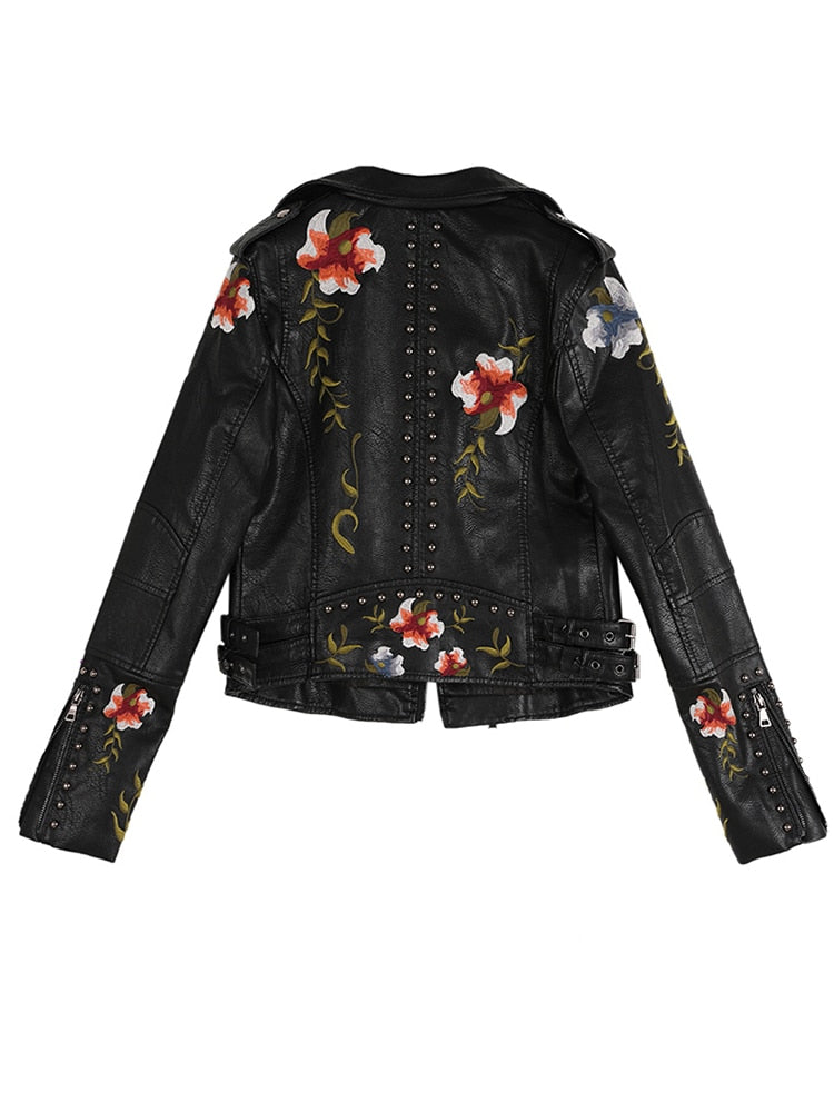 Ftlzz Women Floral Print Embroidery Faux Soft Leather Jacket Coat  Turn-down Collar Casual Pu Motorcycle Black Punk Outerwear Lomwn