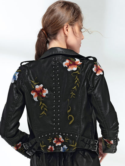 Ftlzz Women Floral Print Embroidery Faux Soft Leather Jacket Coat  Turn-down Collar Casual Pu Motorcycle Black Punk Outerwear Lomwn