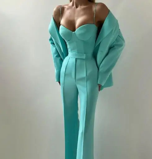 Women's Elegant Pants Sets Autumn Temperament Commuting Fashion Suit Jacket & Corset Pants with Camisole Top Three Piece Set Lomwn