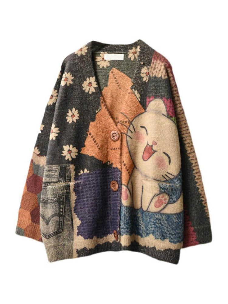 Winter Ladies Harajuku Style Cartoon Clothes Womens Fashion Printed Patchwork Casual Sweaters Loose Punk Cardigans Lomwn
