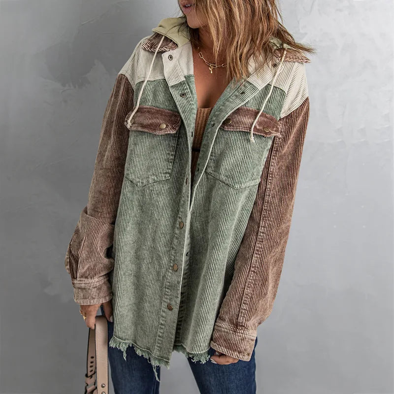 Jackets for Women 2023 Autumn and Winter New Contrast Stitching Hooded Jacket Ladies Single-breasted Loose Corduroy Jacket Lomwn