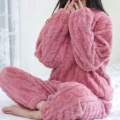 Women Warm 2 Piece Sets Thicken Soft Velvet Ribbed Fleece Set Pullover And Pants Casual Pajama Sets Women Autumn Winter 2023