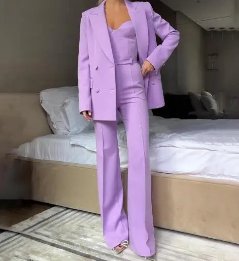 Women's Elegant Pants Sets Autumn Temperament Commuting Fashion Suit Jacket & Corset Pants with Camisole Top Three Piece Set Lomwn