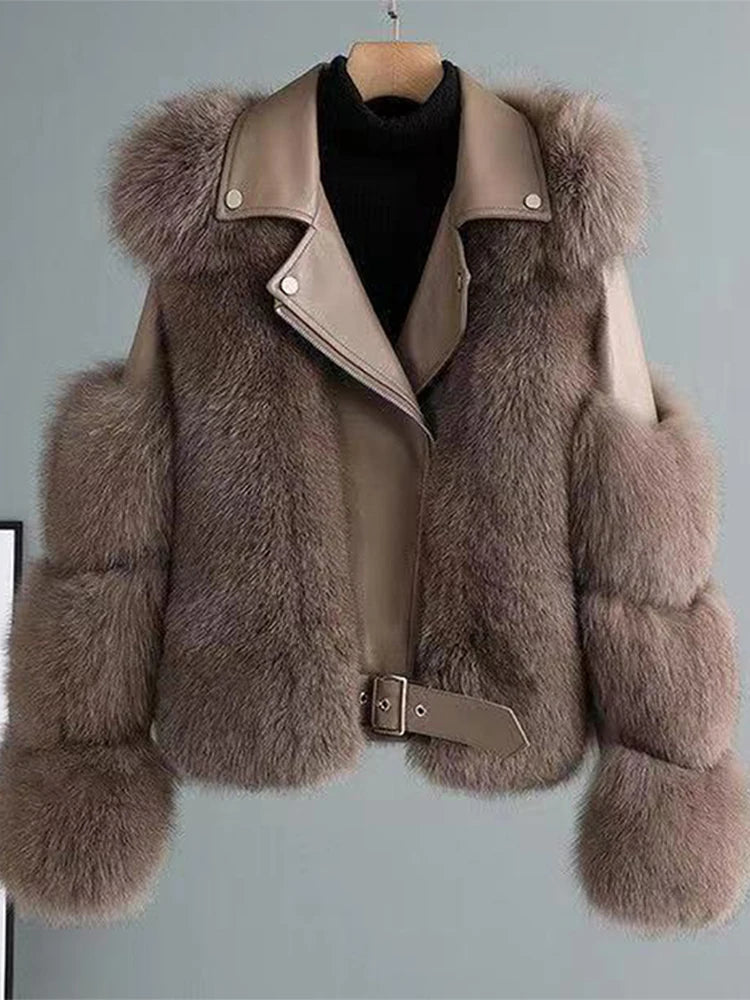Faux Fur Jacket Women Street Patchwork Long Sleeve Pu Leather