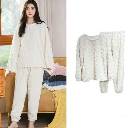 Women Warm 2 Piece Sets Thicken Soft Velvet Ribbed Fleece Set Pullover And Pants Casual Pajama Sets Women Autumn Winter 2023
