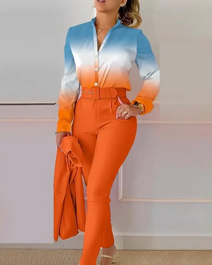 Two Piece Sets Women Outifit 2023 Spring Fashion Ombre Turn-Down Collar Long Sleeve Buttoned Shirt &amp; High Waist Pocket Pants Set Lomwn