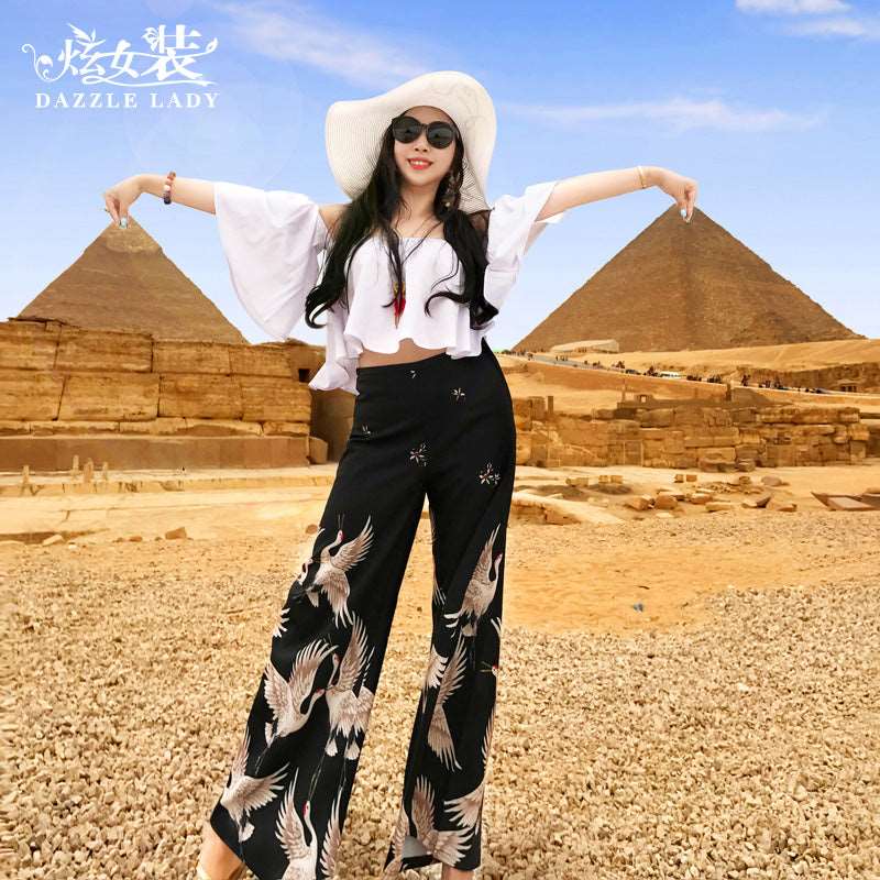 Black Wide Leg Pants Women's Summer 2023 New High Waist Niche Loose Printed Straight Casual Thin Ankle-Length Skirt Pants Lomwn