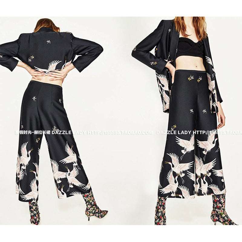 Black Wide Leg Pants Women's Summer 2023 New High Waist Niche Loose Printed Straight Casual Thin Ankle-Length Skirt Pants Lomwn