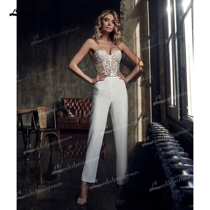 Bohemian 2023 Jumpsuits Wedding Dresses With Jacket Sweetheart Lace Appliqued Bridal Gowns Cheap Custom Made Pants Wedding Dress Lomwn