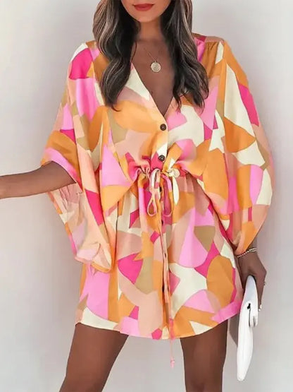 Women's Beach Dolman Half Sleeve V-neck Floral Print Adjustable Dress kakaclo