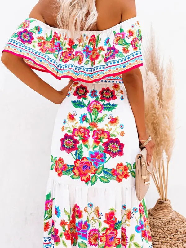 Women's Embroidered Floral Off-the-shoulder Maxi Dress kakaclo