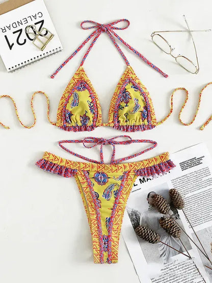 Women's Ethnic Print Halter Neck Tie Bikini Set kakaclo