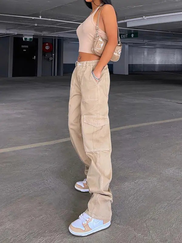 Women's Fashion Multi Pocket Straight High Waist Thin Loose Cargo Pants kakaclo