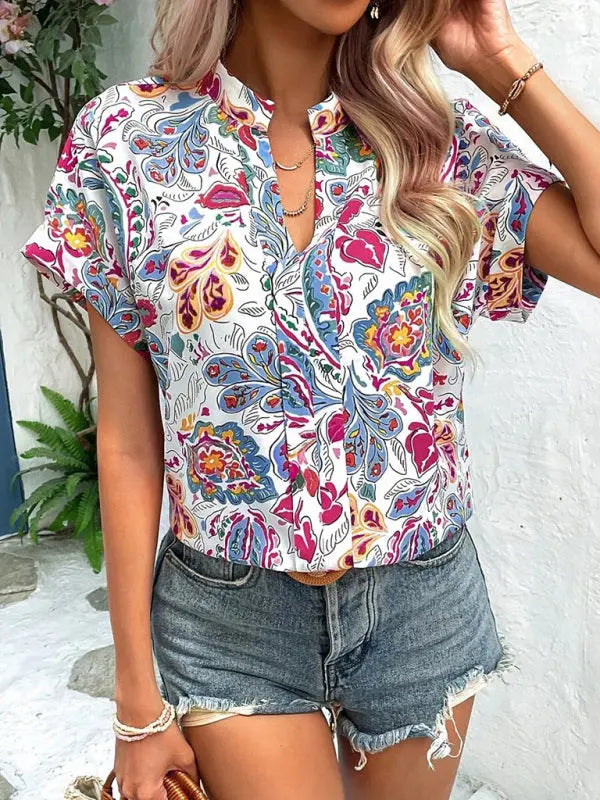 Women's Fashion Painted Printing V-neck Short Sleeve Top kakaclo