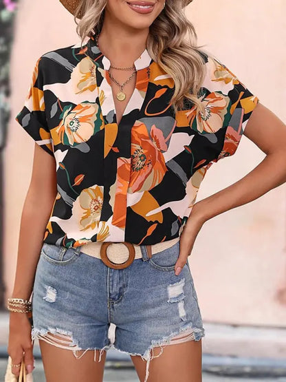 Women's Fashion Painted Printing V-neck Short Sleeve Top kakaclo