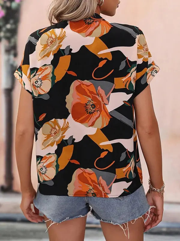 Women's Fashion Painted Printing V-neck Short Sleeve Top kakaclo