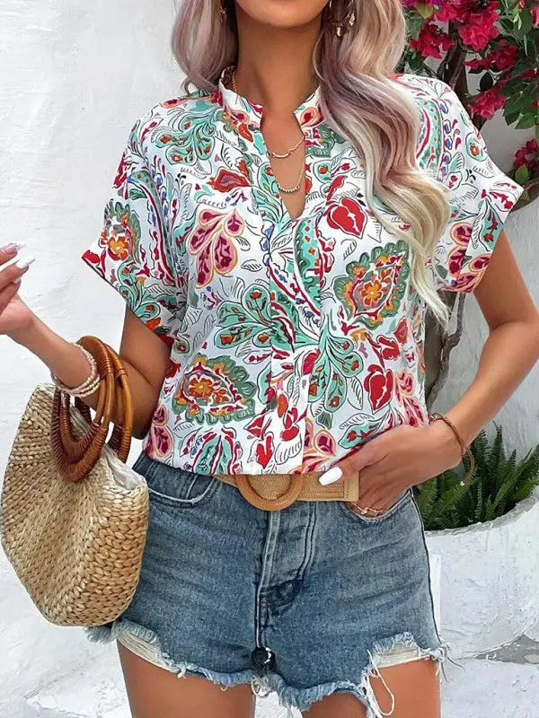 Women's Fashion Painted Printing V-neck Short Sleeve Top kakaclo