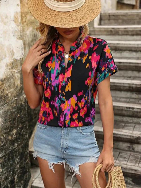 Women's Fashion Painted Printing V-neck Short Sleeve Top kakaclo