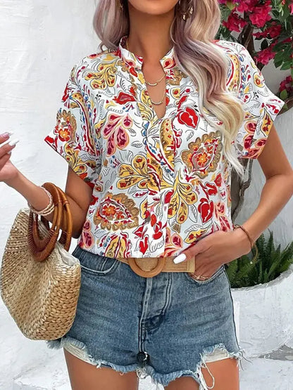 Women's Fashion Painted Printing V-neck Short Sleeve Top kakaclo