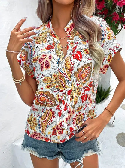 Women's Fashion Painted Printing V-neck Short Sleeve Top kakaclo