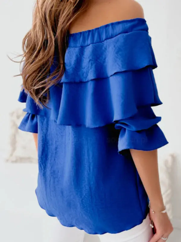 Women's Solid Color 3/4-sleeves Double-ruffled Off-the-shoulder Tie-neck Blouse kakaclo