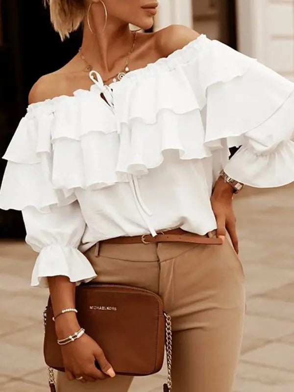 Women's Solid Color 3/4-sleeves Double-ruffled Off-the-shoulder Tie-neck Blouse kakaclo